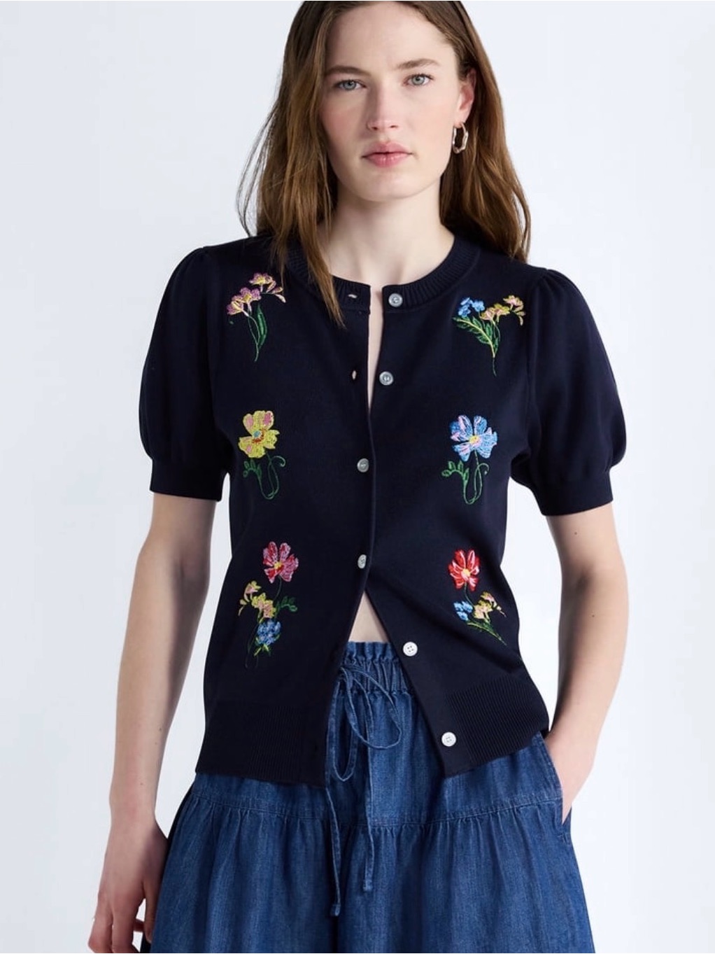 Embroidered Cardigan With Short Puff Sleeves